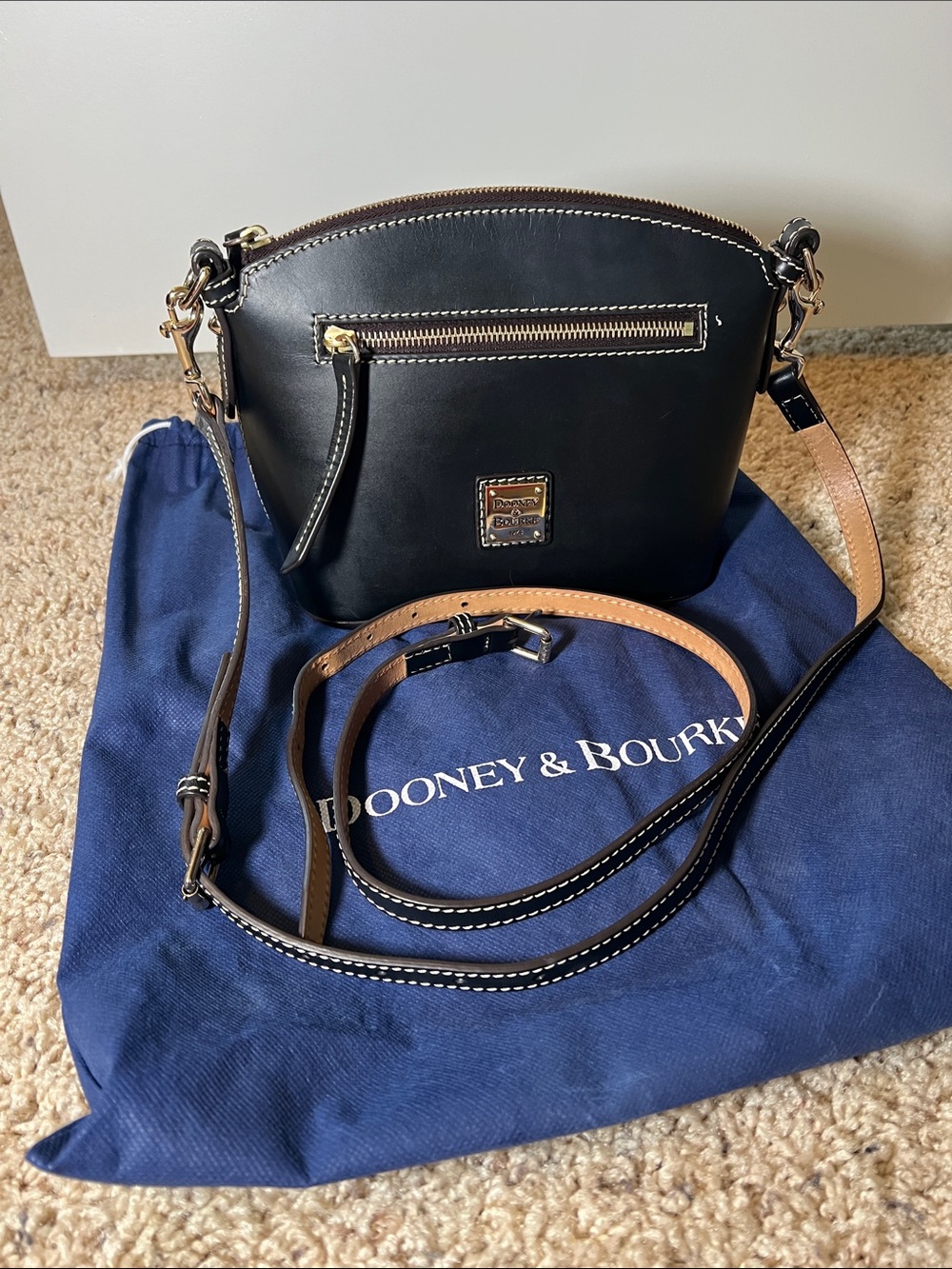 Dooney & Bourke Black Leather Crossbody with Long Strap and Gold Hardware